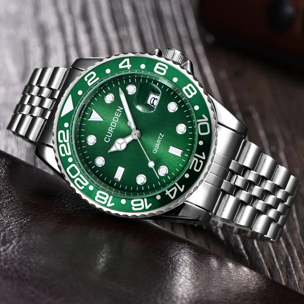 men’s watch uk, stainless steel watch, green dial watch, executive men’s watch, modern gentleman watch, luxury quartz watch, business casual watch, london style watch, premium men’s accessories