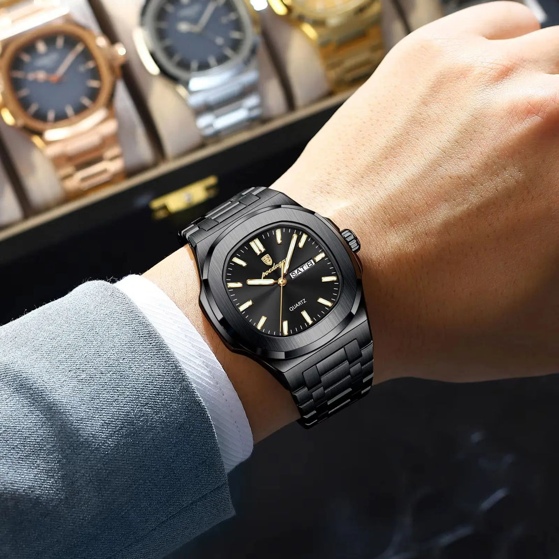 stainless steel square watch, square men’s watch, premium men’s accessories, modern executive watch, london style watch, executive men’s watch, day date watch men, business watch uk, bold men’s watch