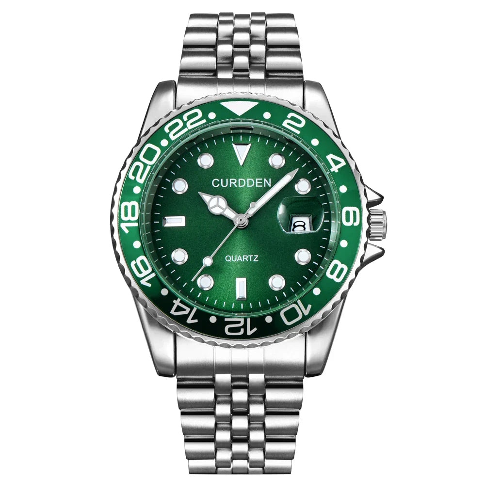 men’s watch uk, stainless steel watch, green dial watch, executive men’s watch, modern gentleman watch, luxury quartz watch, business casual watch, london style watch, premium men’s accessories